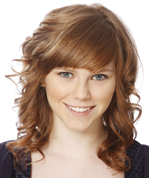 Medium Curly   Light Caramel Brunette  Hairstyle with Side Swept Bangs