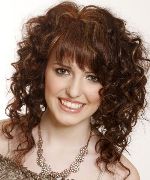 Medium Curly   Dark Mocha Brunette  Hairstyle with Asymmetrical Bangs  and Light Brunette Highlights