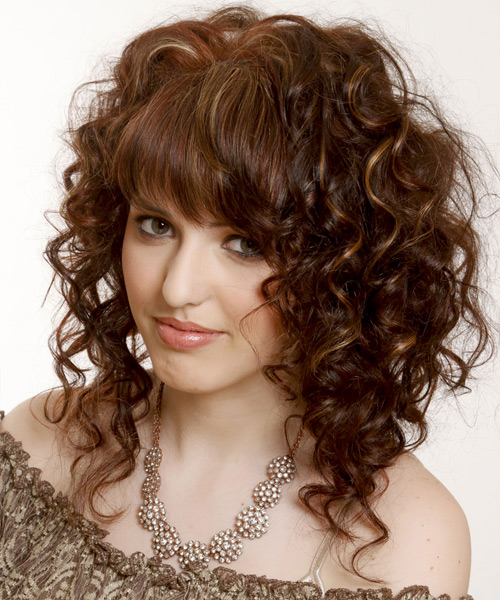 Medium Curly   Dark Mocha Brunette  Hairstyle with Asymmetrical Bangs  and Light Brunette Highlights - side view