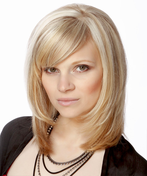 Medium Straight   Light Champagne Blonde  Hairstyle with Side Swept Bangs  and Light Blonde Highlights - side view