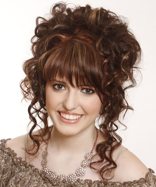Long Curly    Chestnut Brunette Updo Hairstyle with Layered Bangs  and Light Brunette Highlights