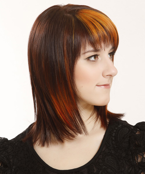 Medium Straight    Copper Brunette  Hairstyle with Razor Cut Bangs  and Orange Highlights - side view