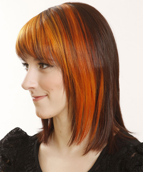Medium Straight    Copper Brunette  Hairstyle with Razor Cut Bangs  and Orange Highlights - side on view