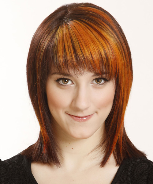 Medium Straight    Copper Brunette  Hairstyle with Razor Cut Bangs  and Orange Highlights
