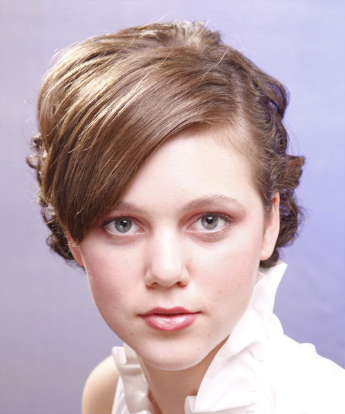Short Curly   Light Chestnut Brunette  Hairstyle with Side Swept Bangs