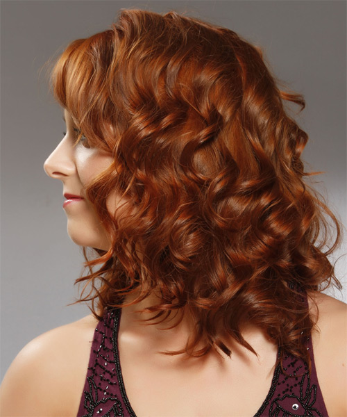 Medium Curly    Copper Red  Hairstyle with Side Swept Bangs - side on view