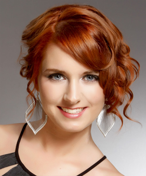 Medium Curly    Copper Red Updo Hairstyle with Side Swept Bangs