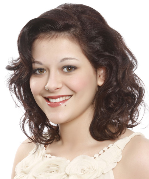 Medium Wavy   Dark Auburn Brunette  Hairstyle - side on view