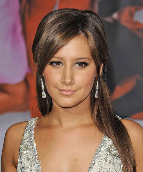 Ashley Tisdale  Long Straight    Brunette  Half Up Half Down Hairstyle with Side Swept Bangs