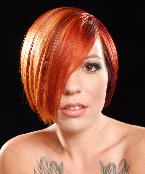 Short Bright Red One-length Hairstyle With Long Bangs