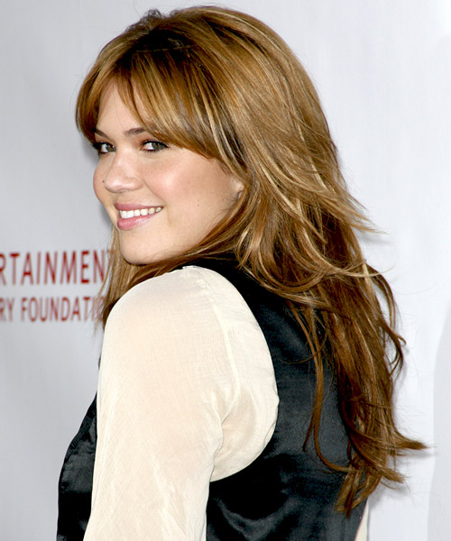 Mandy Moore Long Straight   Light Brunette   Hairstyle with Layered Bangs - side on view