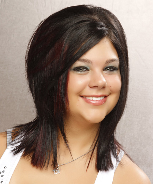 Medium Straight   Black Mocha   Hairstyle with Side Swept Bangs - side on view