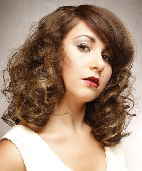 Medium Curly   Light Brunette  Hairstyle with Side Swept Bangs  and Light Blonde Highlights - side on view