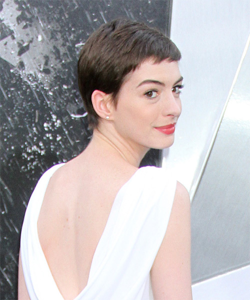 Anne Hathaway   Layered  Dark Mocha Brunette Pixie  Haircut with Side Swept Bangs - side on view
