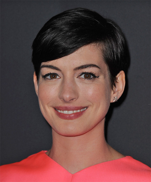 Anne Hathaway Short Straight   Black    Hairstyle with Side Swept Bangs - side on view