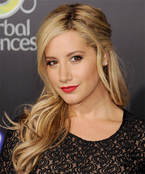 Ashley Tisdale  Long Curly   Dark Golden Blonde  Half Up Half Down Hairstyle   with Light Blonde Highlights - side on view