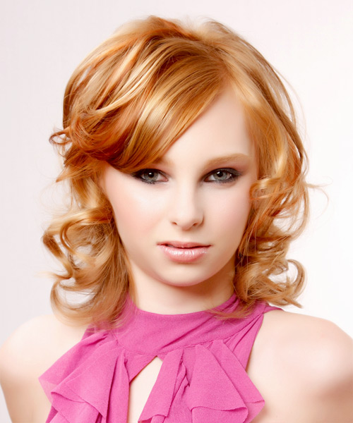 Medium Curly   Light Ginger Red  Hairstyle with Side Swept Bangs  and  Red Highlights