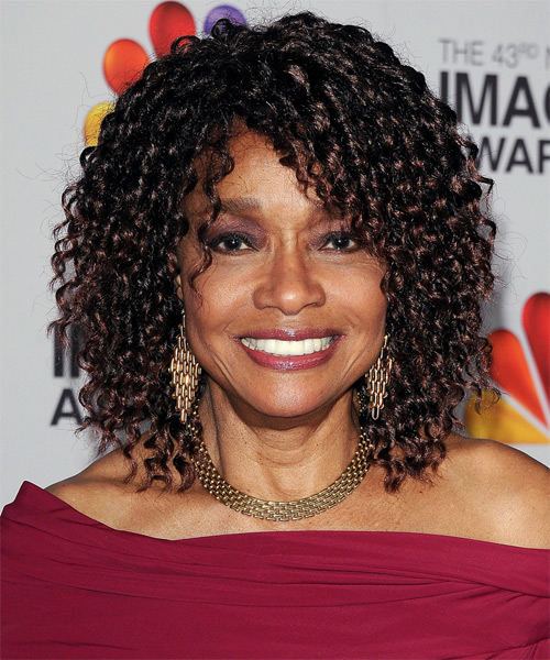 Beverly Todd Medium Curly   Black   Hairstyle with Layered Bangs
