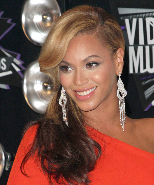 Beyonce Knowles  Long Curly    Blonde and  Brunette Two-Tone  Half Up Half Down Hairstyle - side on view
