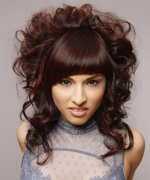Long Curly   Dark Auburn Brunette Half Up Half Down Hairstyle with Blunt Cut Bangs  and Dark Red Highlights