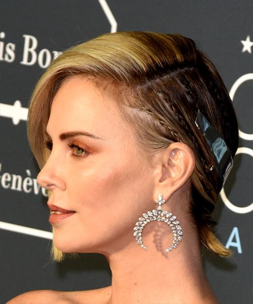 Charlize Theron Short Straight    Platinum Blonde Bob Half Up Half Down Haircut with Side Swept Bangs - side view