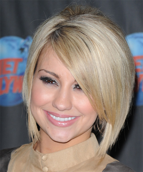 Chelsea Kane Medium Straight   Light Blonde Bob  Haircut with Side Swept Bangs - side on view
