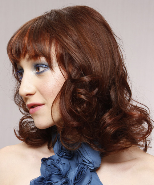 Medium Wavy    Auburn Brunette  Hairstyle with Layered Bangs - side on view
