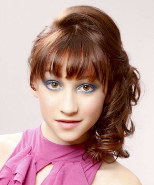 Long Curly   Chestnut Half Up Half Down Hairstyle with Blunt Cut Bangs