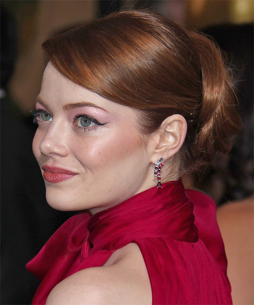Emma Stone  Long Straight   Dark Auburn Red  Updo Hairstyle with Side Swept Bangs - side on view