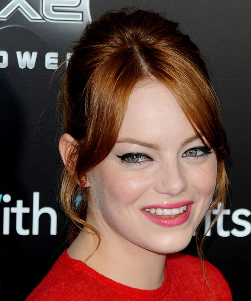 Emma Stone  Long Straight    Copper Red  Updo Hairstyle with Layered Bangs - side view