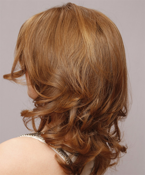Medium Wavy   Light Caramel Brunette  Hairstyle - side on view