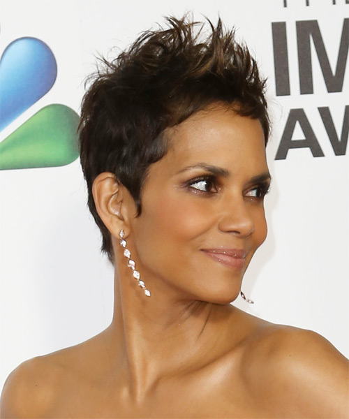 Halle Berry Short Straight   Dark Brunette   Hairstyle   with Light Brunette Highlights - side on view