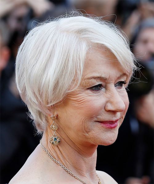Helen Mirren Short Straight   Light Grey Bob  Haircut with Side Swept Bangs - side on view
