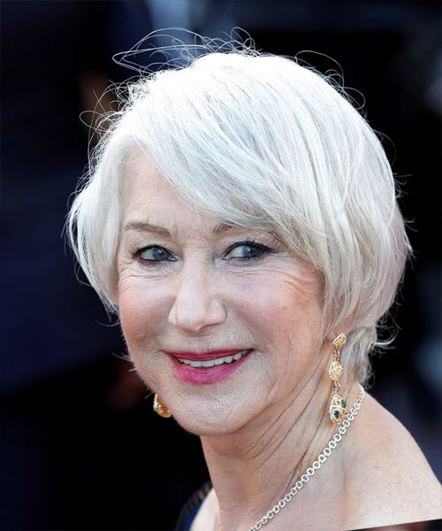 Helen Mirren Short Straight   Light Grey Bob  Haircut with Side Swept Bangs - side view