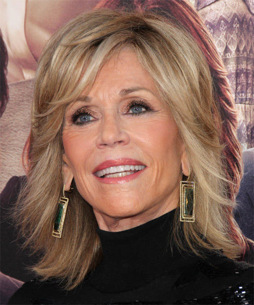 Jane Fonda Medium Straight    Champagne Blonde   Hairstyle   with Light Blonde Highlights - side on view