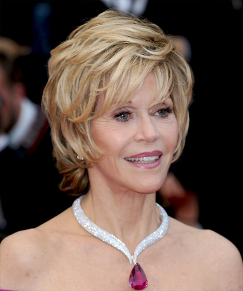 Jane Fonda Short Straight    Blonde   Hairstyle with Layered Bangs - side view