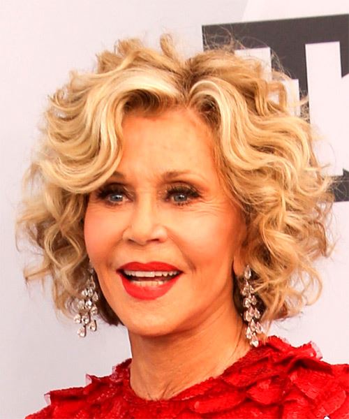 Jane Fonda Medium Curly    Blonde Bob  Haircut with Side Swept Bangs - side view