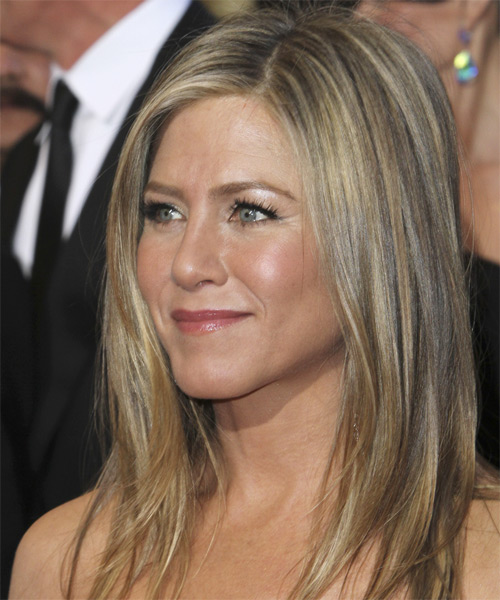 Jennifer Aniston Long Straight    Ash Blonde   Hairstyle   with Light Blonde Highlights - side on view