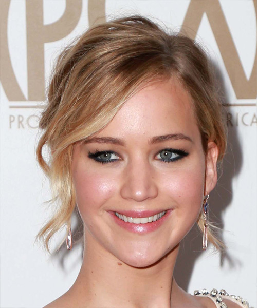 Jennifer Lawrence Medium Wavy   Light Caramel Brunette  Updo Hairstyle   with Light Blonde Highlights
