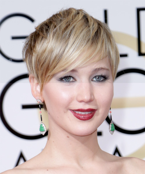 Jennifer Lawrence Short Straight    Golden Blonde   Hairstyle   with Light Blonde Highlights - side on view