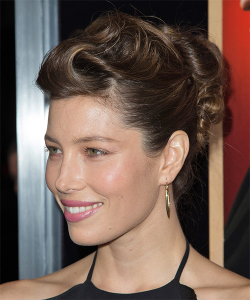 Jessica Biel  Long Straight    Brunette  Updo Hairstyle - side on view