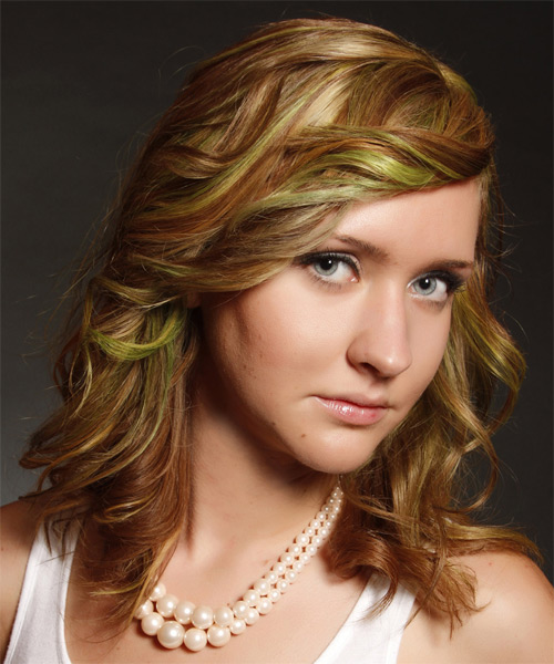 Medium Wavy   Dark Blonde  Hairstyle with Side Swept Bangs  and Green Highlights - side on view