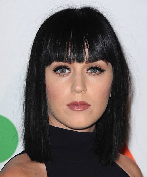 Katy Perry Medium Straight   Black    Hairstyle with Blunt Cut Bangs