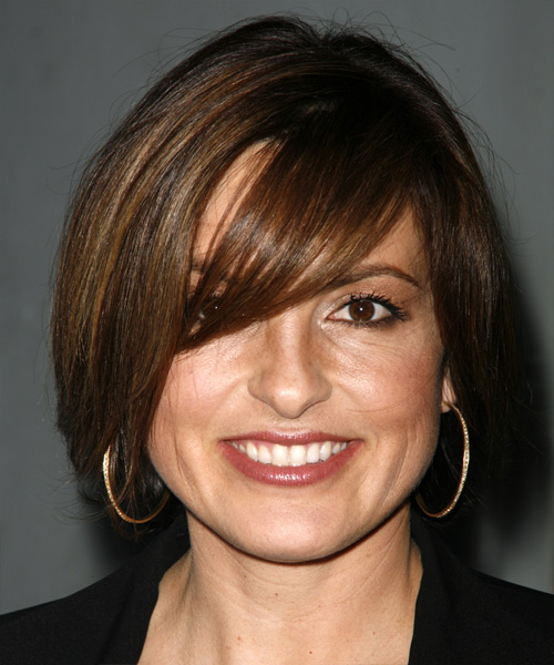Mariska Hargitay Medium Straight    Brunette   Hairstyle with Side Swept Bangs