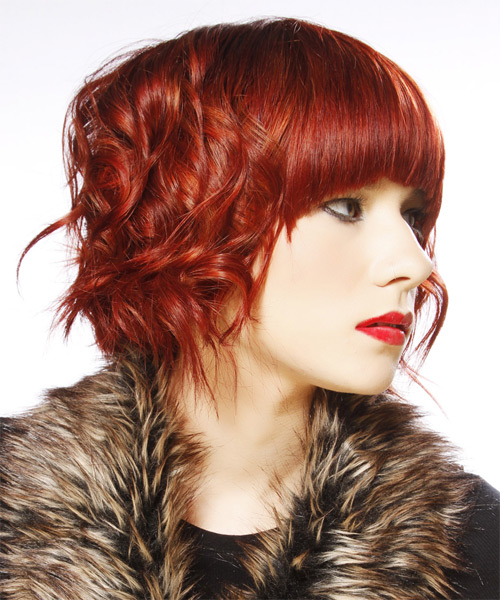 Medium Wavy   Dark Bright Red  Hairstyle with Blunt Cut Bangs - side on view