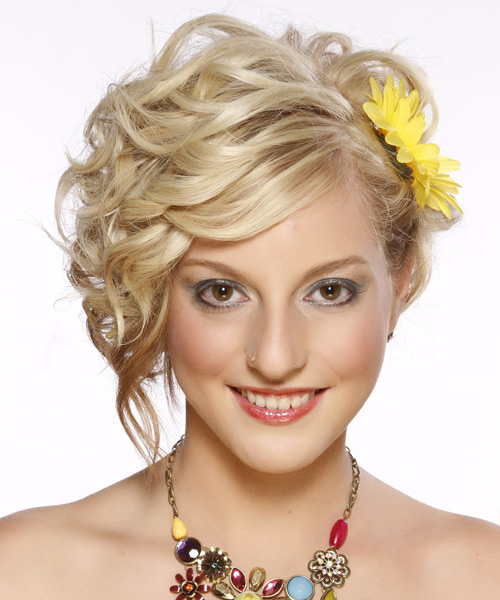 Medium Curly   Light Golden Blonde Updo Hairstyle   with Light Blonde Highlights
