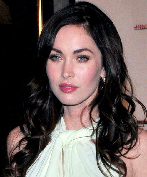 Megan Fox Long Wavy   Black    Hairstyle - side on view