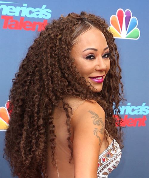 Mel-B Long Curly   Dark Brunette  Hairstyle - side on view
