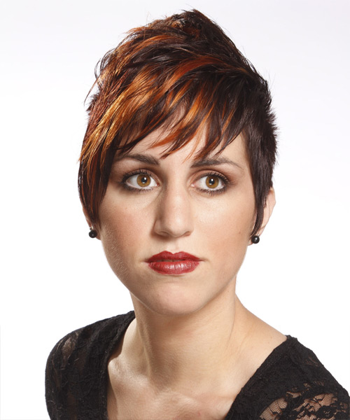 Short Two-Tone Dark Brunette And Orange Hairstyle with Layered Bangs