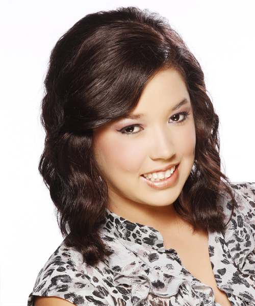 Medium Wavy   Dark Brunette  Hairstyle - side view